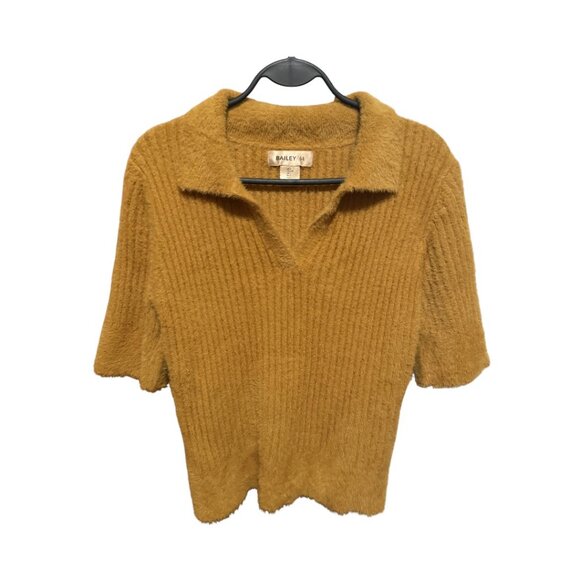BAILEY/44 MUSTARD GOLD FUZZY KNIT POLO SWEATER TOP - Picture 1 of 2